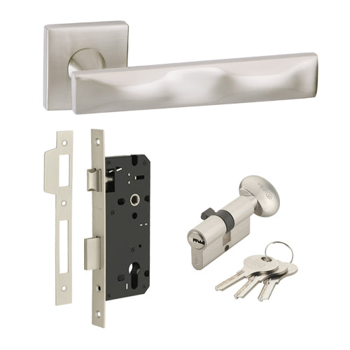 IPSA Glora Door Handle On Rose with One Side Key and Knob Cylinder and Lock body Finish: FSS