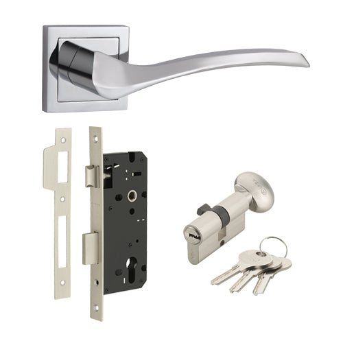 IPSA Samara Door Handle On Rose with One Side Key and Knob Cylinder and Lock Body Finish: CP