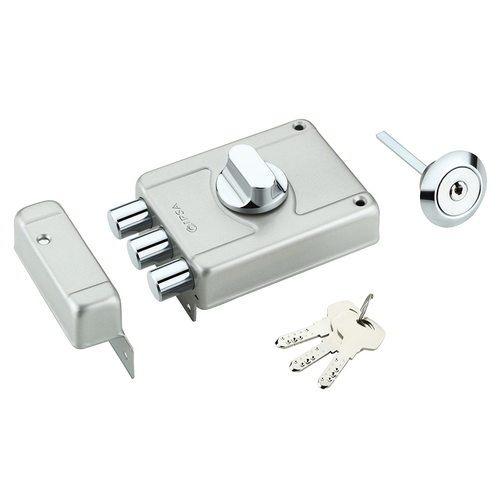 IPSA Big Tribolt Main Door Rim Lock Lockset for Home with Computer Dimple Key Knob On Inside Small Deadlock Finish SS