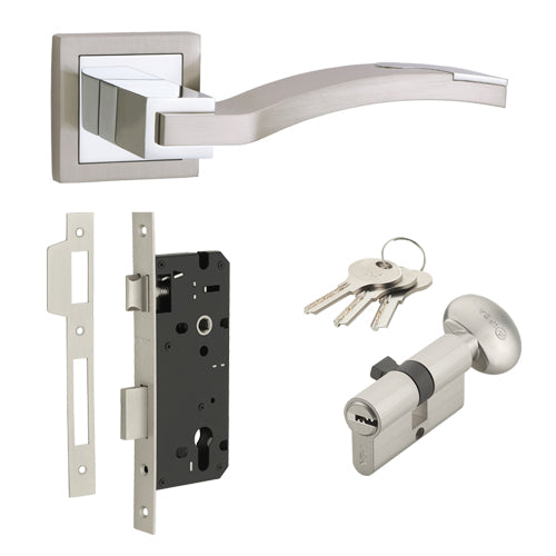 IPSA Abra Door Handle On Rose with One Side Key and Knob Cylinder and Lock Body Finish: CPS
