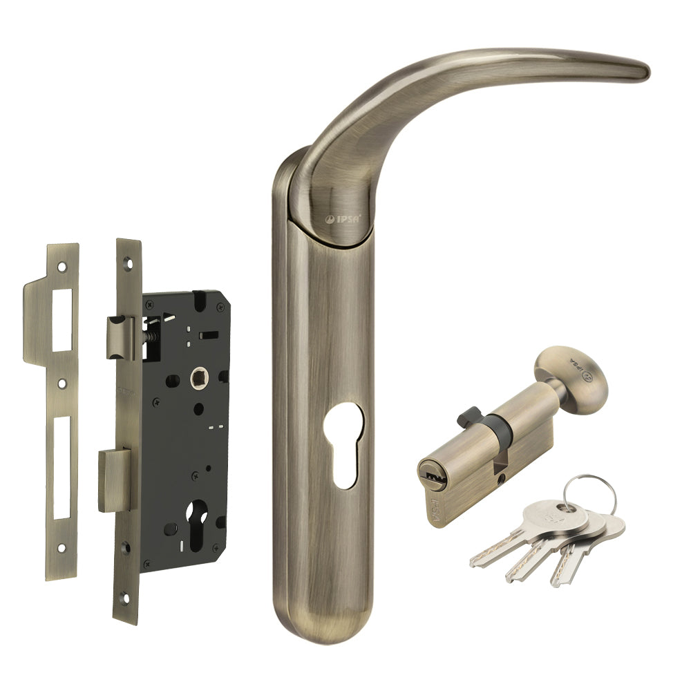 IPSA Olly Luxos Handle Series on 10" Plate CY Lockset with 80mm One Side Key & Knob Cylinder Finish - ATQ