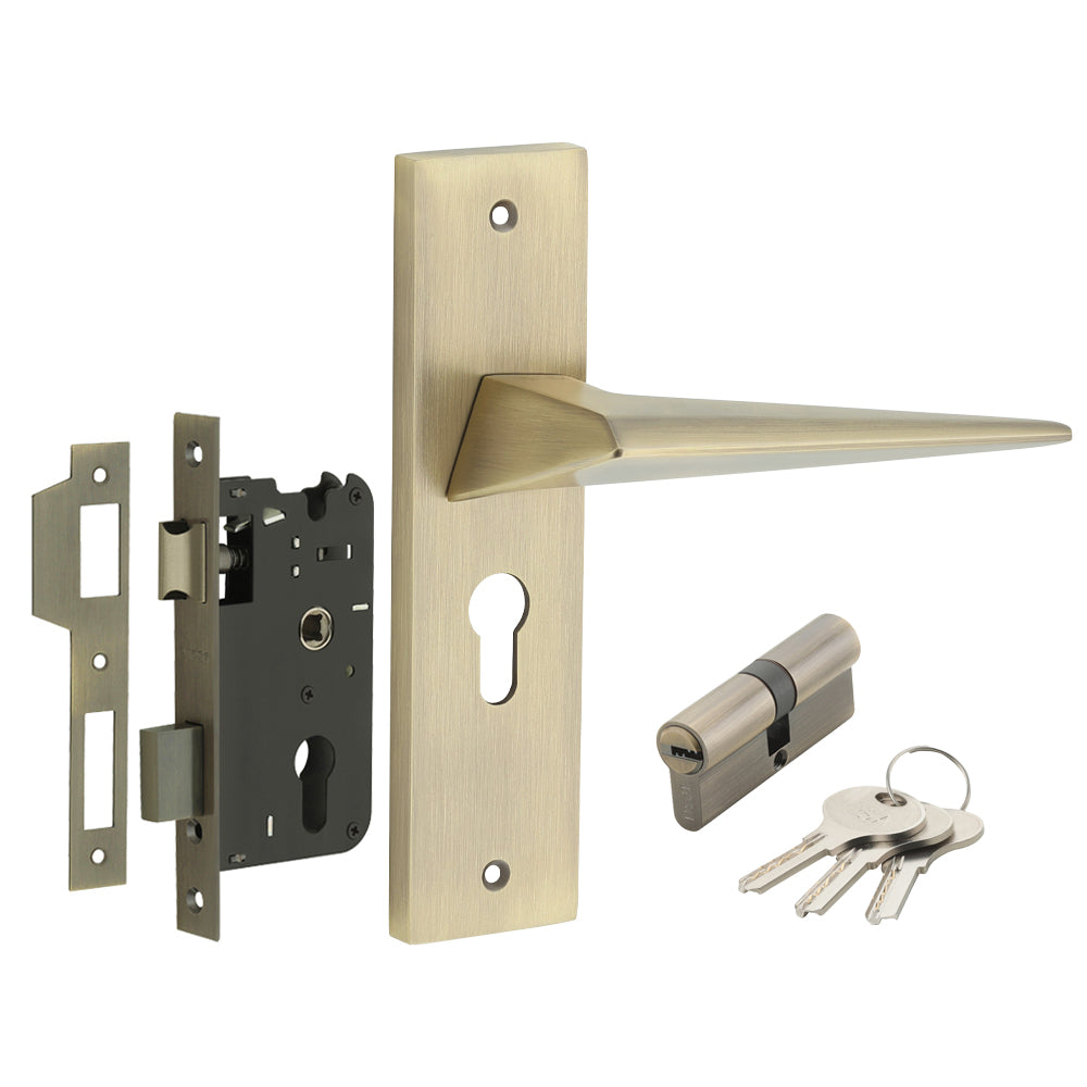 IPSA Carrot Iris Handle Series on 8" Plate CYS Lockset with 60mm Both Side Key Cylinder- MAB Finish