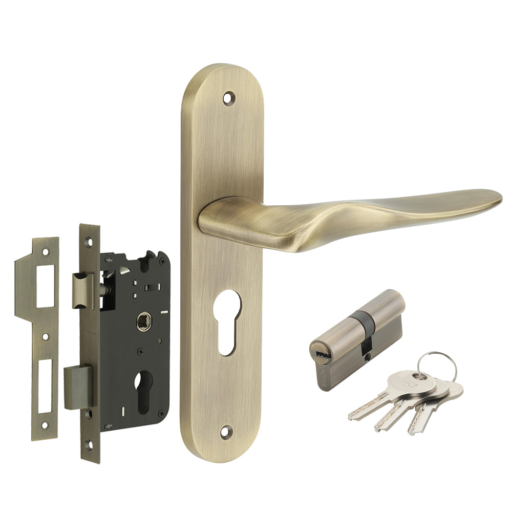 IPSA Sand Iris Handle Series on 8" Plate CYS Lockset with 60mm Both Side Key Cylinder- MAB Finish