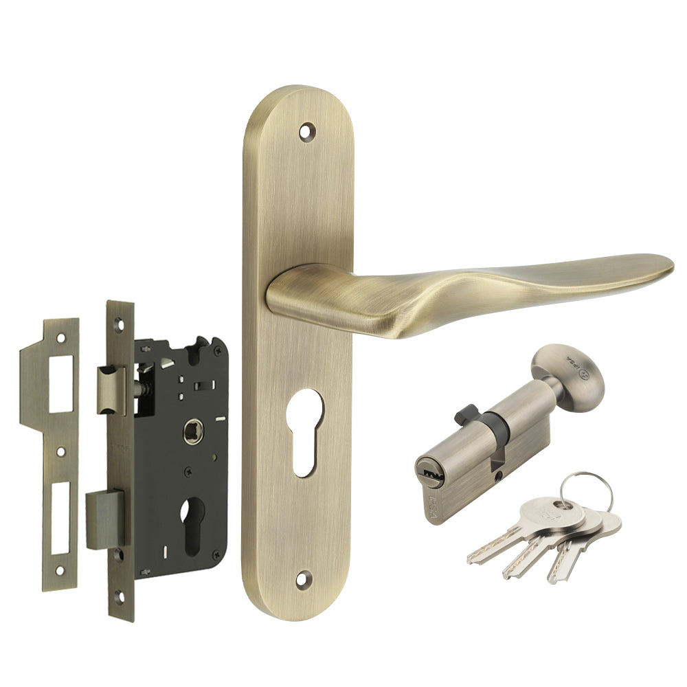 IPSA Sand Iris Handle Series on 8" Plate CYS Lockset with 60mm One Side Key and Knob - MAB Finish