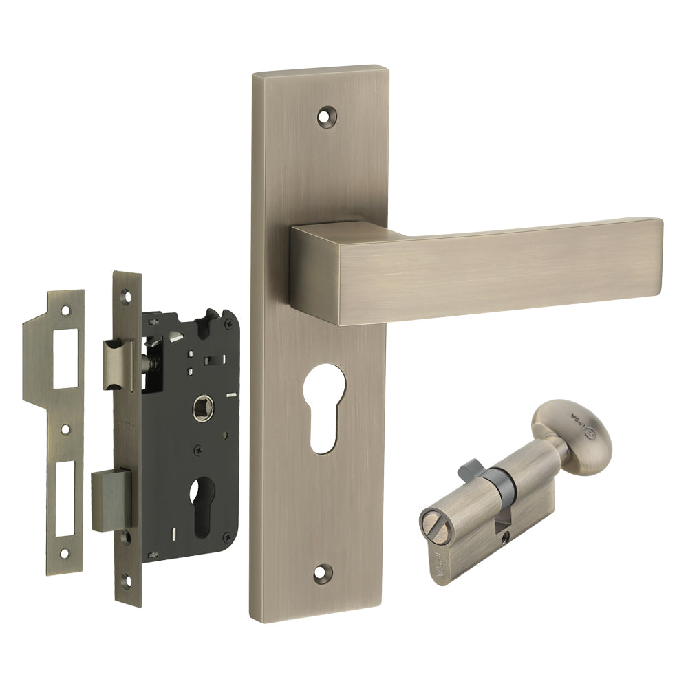 IPSA Sky Iris Handle Series Door Handle on 8" Plate CYS Lockset with 60mm Coin and Knob Cylinder Finish - MAB