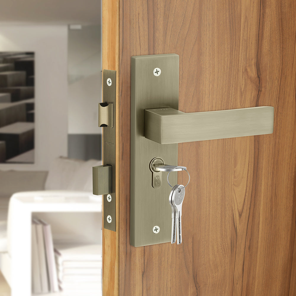 IPSA Sky Iris Handle Series Door Handle on 8" Plate CYS Lockset with 60mm One Side Key and Knob Cylinder Finish - MAB