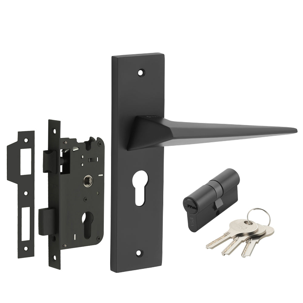 IPSA Carrot Iris Handle Series on 8" Plate CYS Lockset with 60mm Both Side Key Cylinder- Black Finish