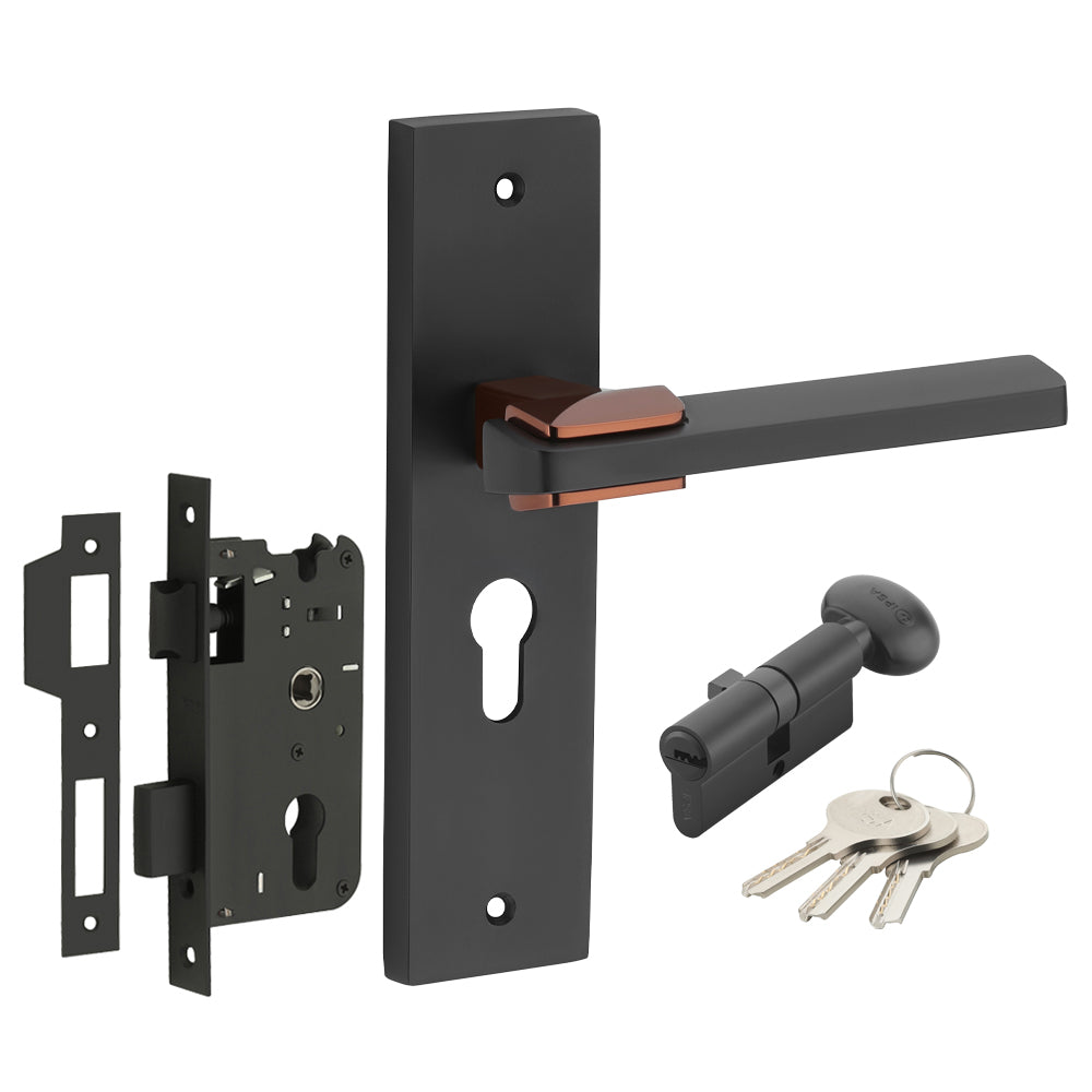 IPSA Pear Iris Handle Series on 8" Plate CYS Lockset with 60mm One Side Key and Knob - Black Finish