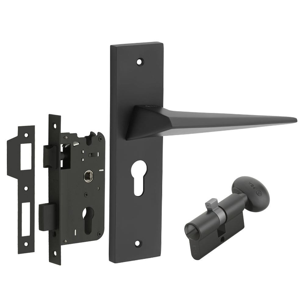 IPSA Carrot Iris Handle Series on 8" Plate CYS Lockset with 60mm Coin and Knob - Black Finish