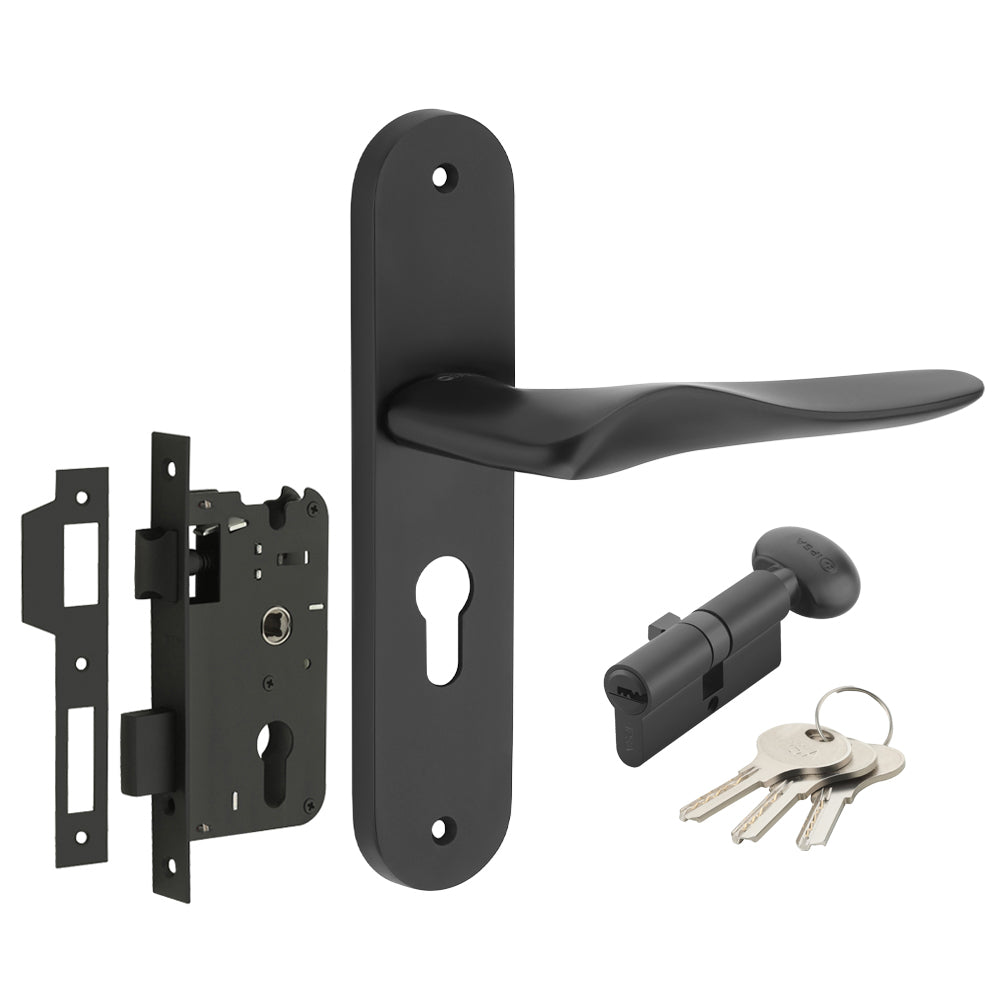 IPSA Sand Iris Handle Series on 8" Plate CYS Lockset with 60mm One Side Key and Knob - Black Finish