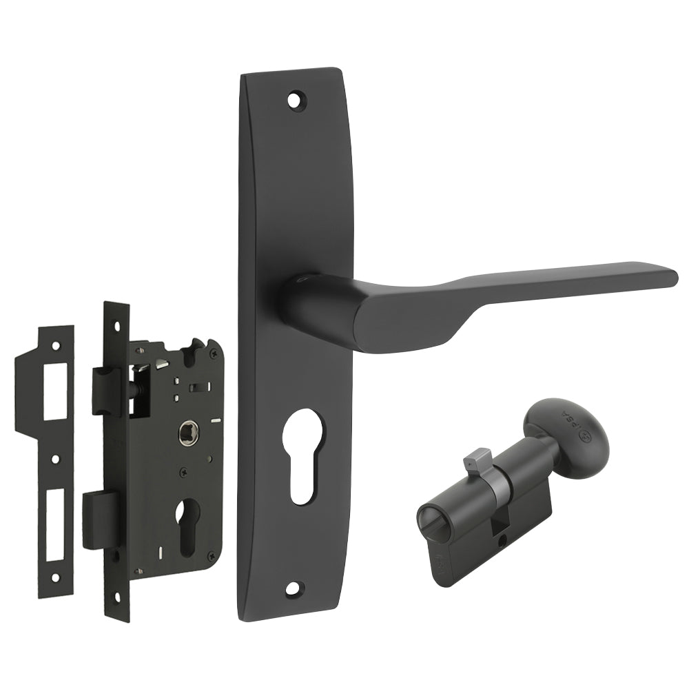 IPSA Orange Iris Handle Series on 8" Plate CYS Lockset with 60mm Coin and Knob - Black Finish