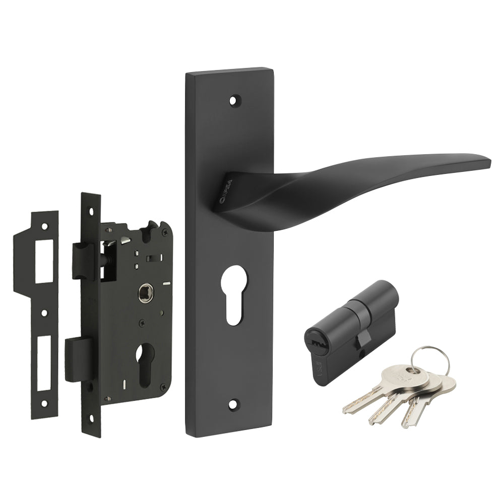 IPSA Mint Iris Handle Series on 8" Plate CYS Lockset with 60mm Both Side Key Cylinder- Black Finish