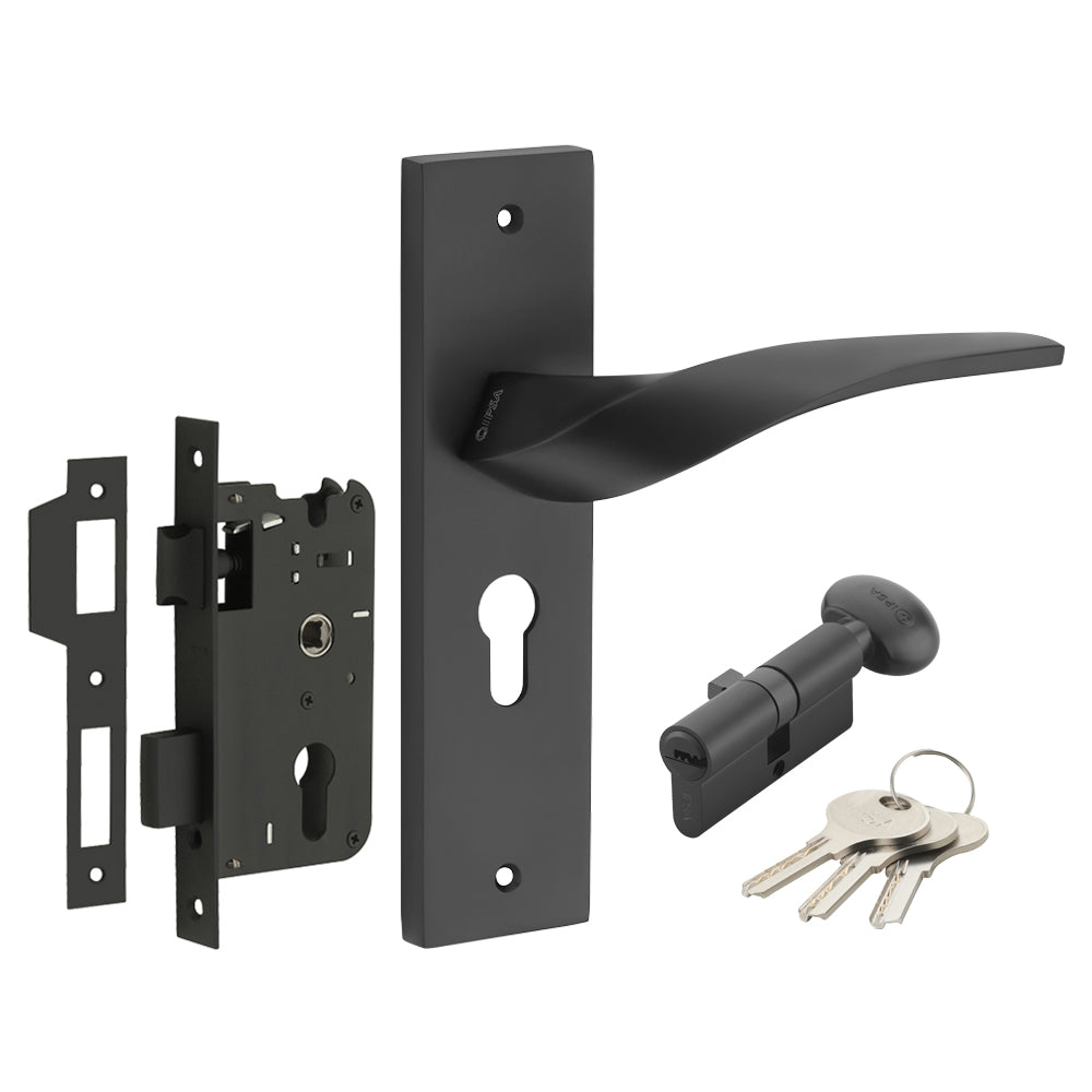 IPSA Mint Iris Handle Series on 8" Plate CYS Lockset with 60mm One Side Key and Knob - Black Finish