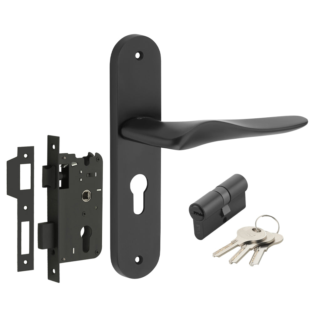 IPSA Sand Iris Handle Series on 8" Plate CYS Lockset with 60mm Both Side Key Cylinder- Black Finish
