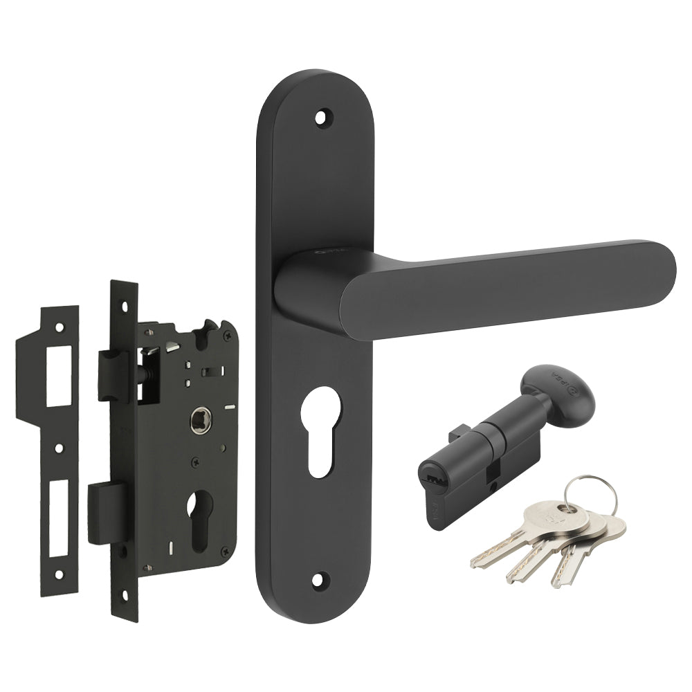 IPSA Lemon Iris Handle Series on 8" Plate CYS Lockset with 60mm One Side Key and Knob - Black Finish