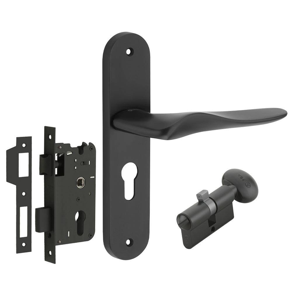 IPSA Sand Iris Handle Series on 8" Plate CYS Lockset with 60mm Coin and Knob - Black Finish