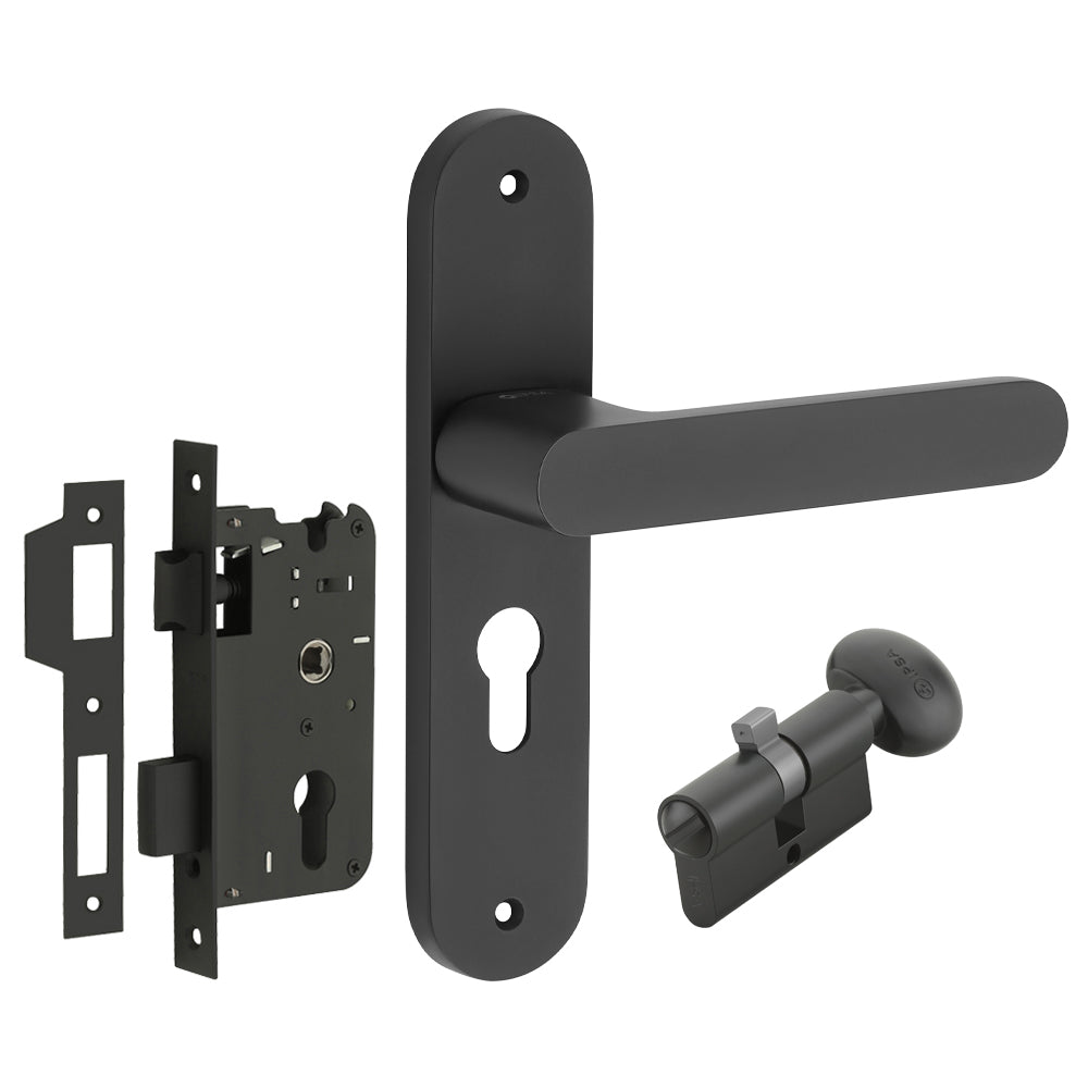IPSA Lemon Iris Handle Series on 8" Plate CYS Lockset with 60mm Coin and Knob - Black Finish