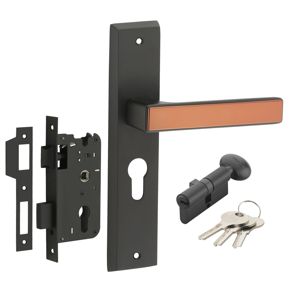 IPSA Teal Iris Handle Series on 8" Plate CYS Lockset with 60mm One Side Key and Knob - Matte Antique Finish BRG