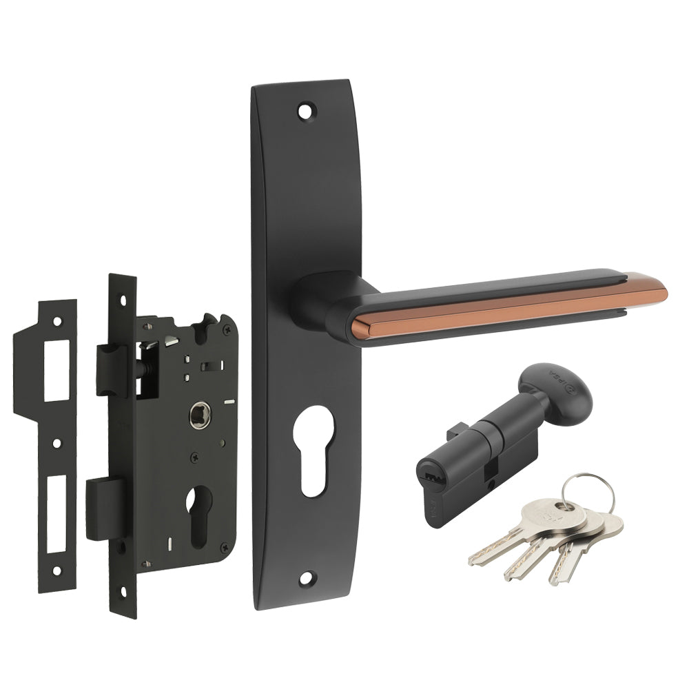 IPSA Lead Iris Handle Series on 8" Plate CYS Lockset with 60mm One Side Key and Knob - Matte Antique Finish BRG
