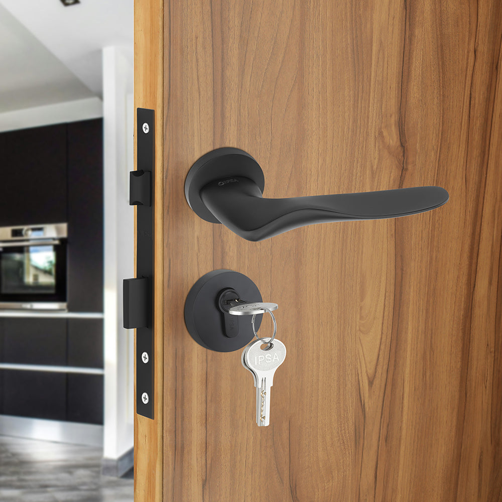 IPSA Sand Iris Handle Series On Rose with 60mm Both Side Key & Knob Cylinder Finish - Black