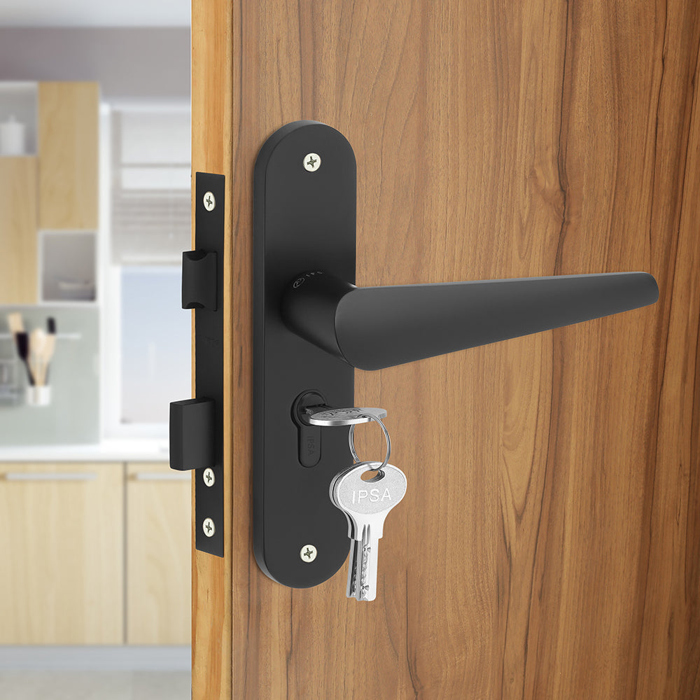 IPSA Bone Moderna Handle Series on 8" Plate CYS Lockset with 60mm Both Side Key - Matte Finish BLACK