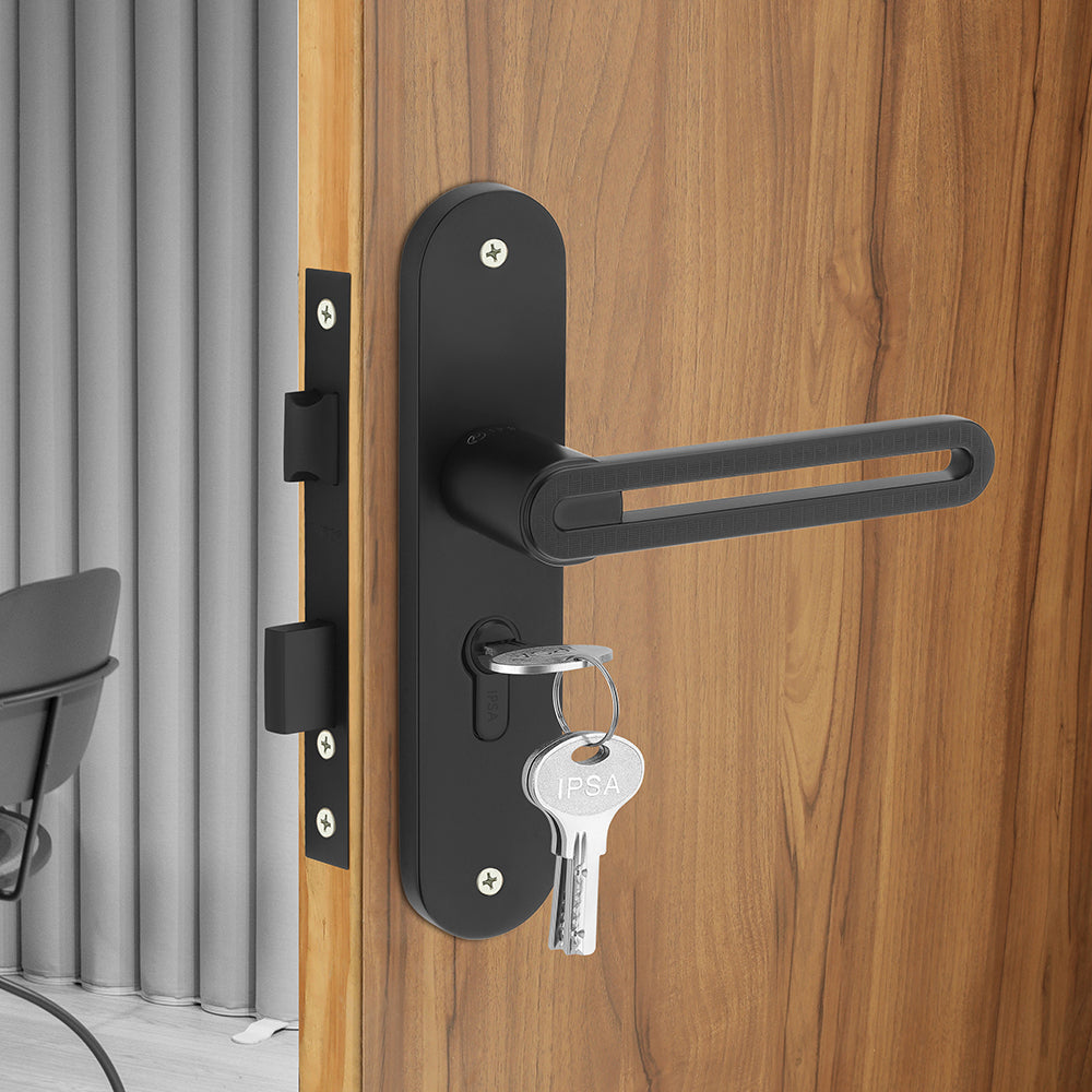 IPSA Curve Moderna Handle Series on 8" Plate CYS Lockset with 60mm Both Side Key - Matte Finish Black