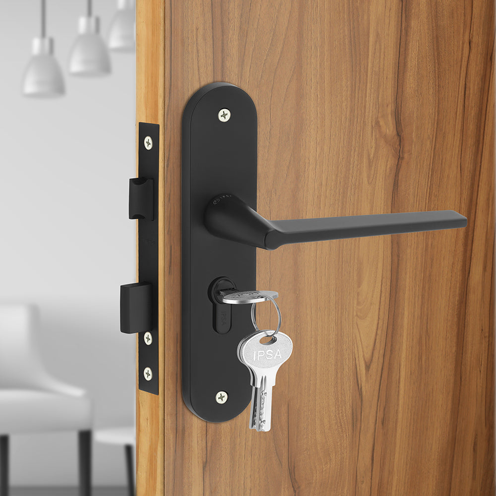 IPSA Pour Moderna Handle Series on 8" Plate CYS Lockset with 60mm One Side Key and Knob - Matte Finish Black
