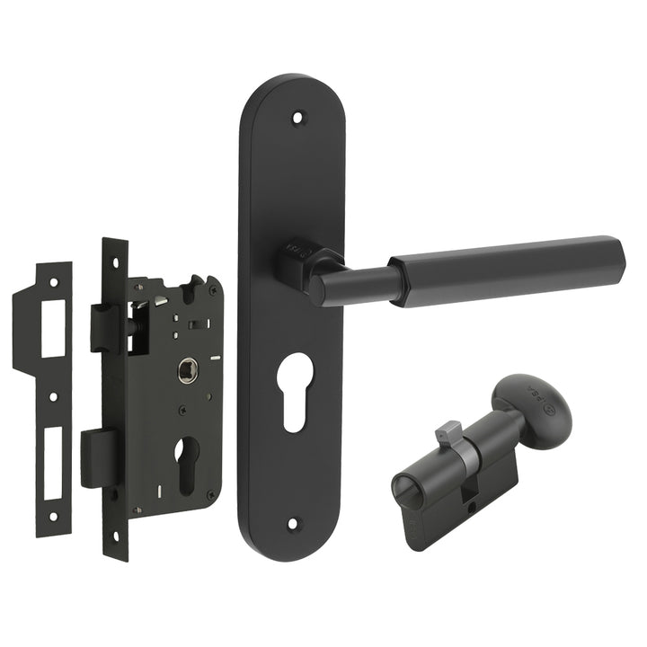 IPSA Bolt Moderna Handle Series on 8" Plate CYS Lockset with 60mm Coin and Knob - Matte Finish Black