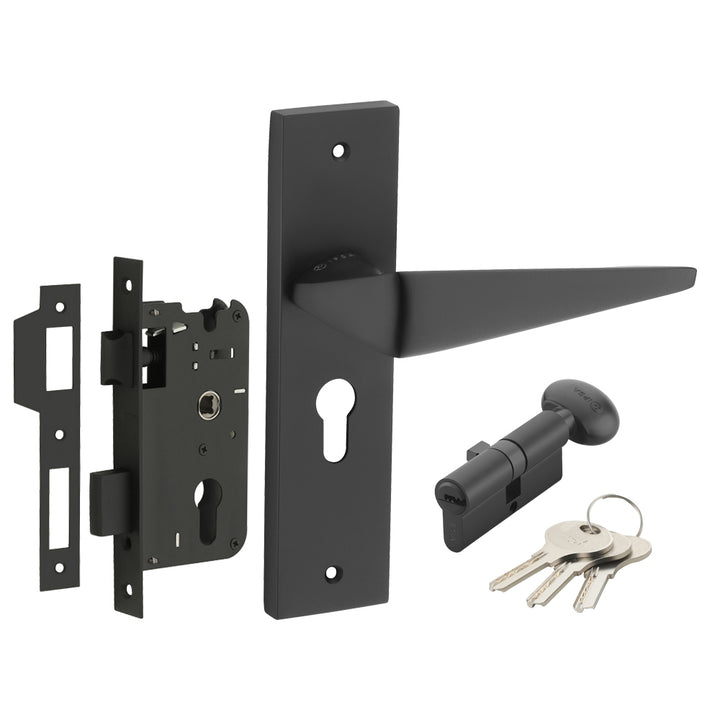 IPSA Capri Moderna Handle Series on 8" Plate CYS Lockset with 60mm One Side Key and Knob - Matte Finish Black