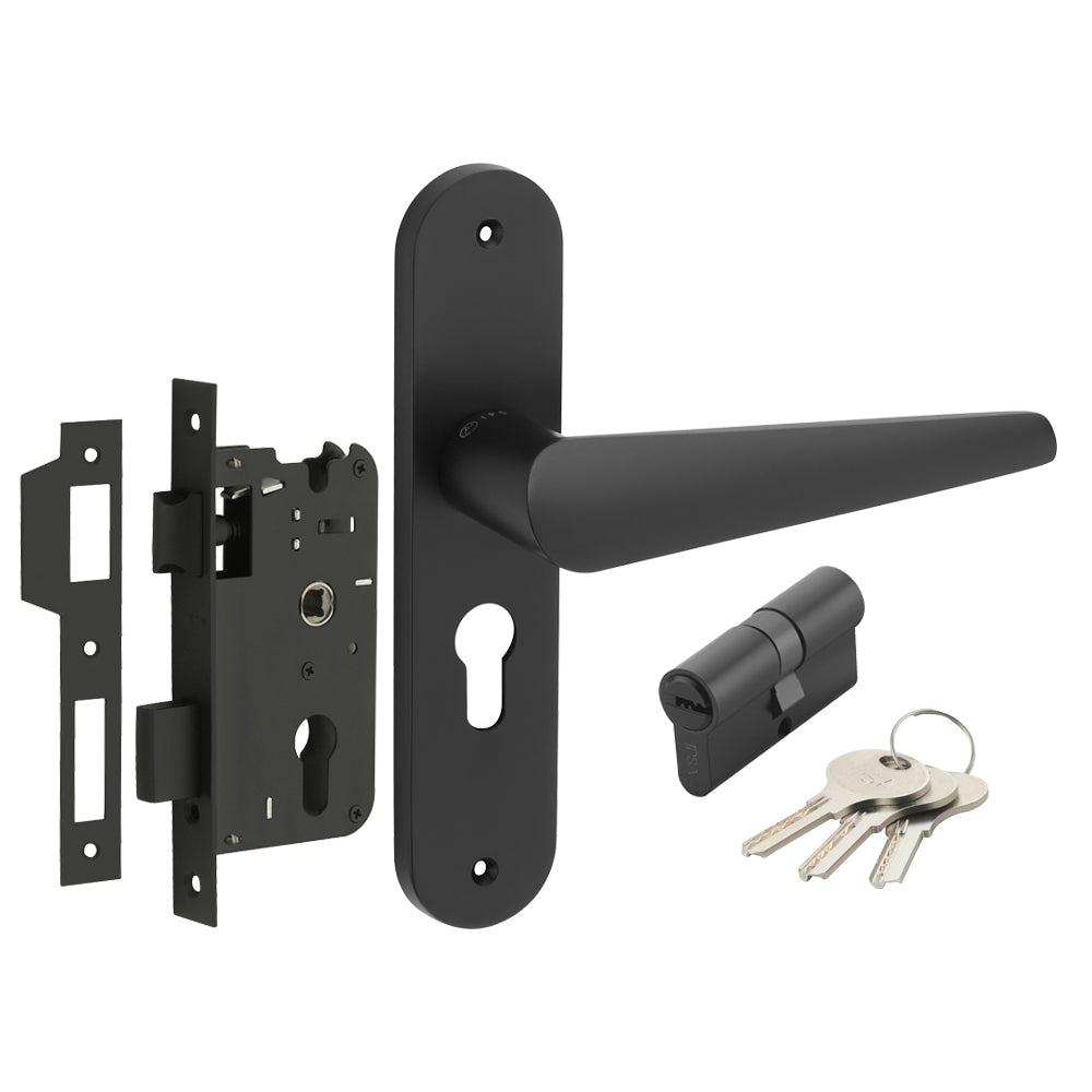 IPSA Bone Moderna Handle Series on 8" Plate CYS Lockset with 60mm Both Side Key - Matte Finish BLACK