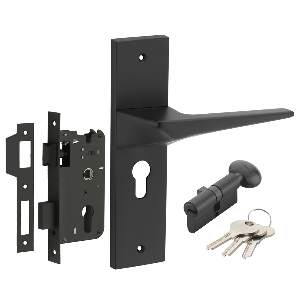 IPSA Smoke Moderna Handle Series on 8" Plate CYS Lockset with 60mm One Side Key and Knob - Matte Antique Finish BLACK