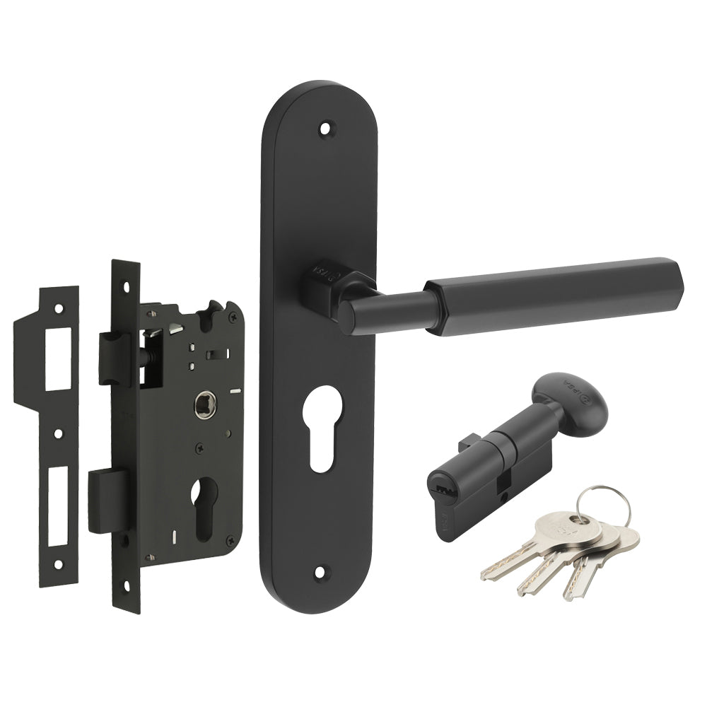 IPSA Bolt Moderna Handle Series on 8" Plate CYS Lockset with 60mm One Side Key and Knob - Matte Finish Black