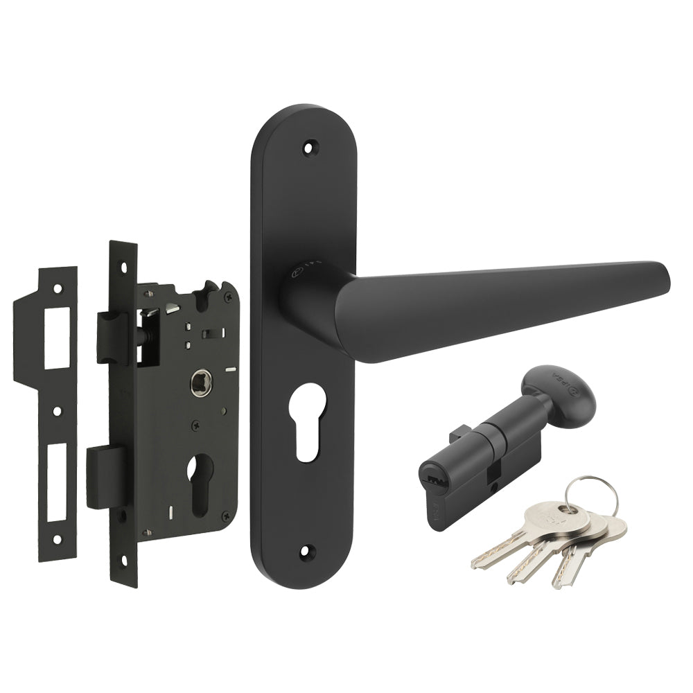 IPSA Bone Moderna Handle Series on 8" Plate CYS Lockset with 60mm One Side Key and Knob - Matte Antique Finish BLACK