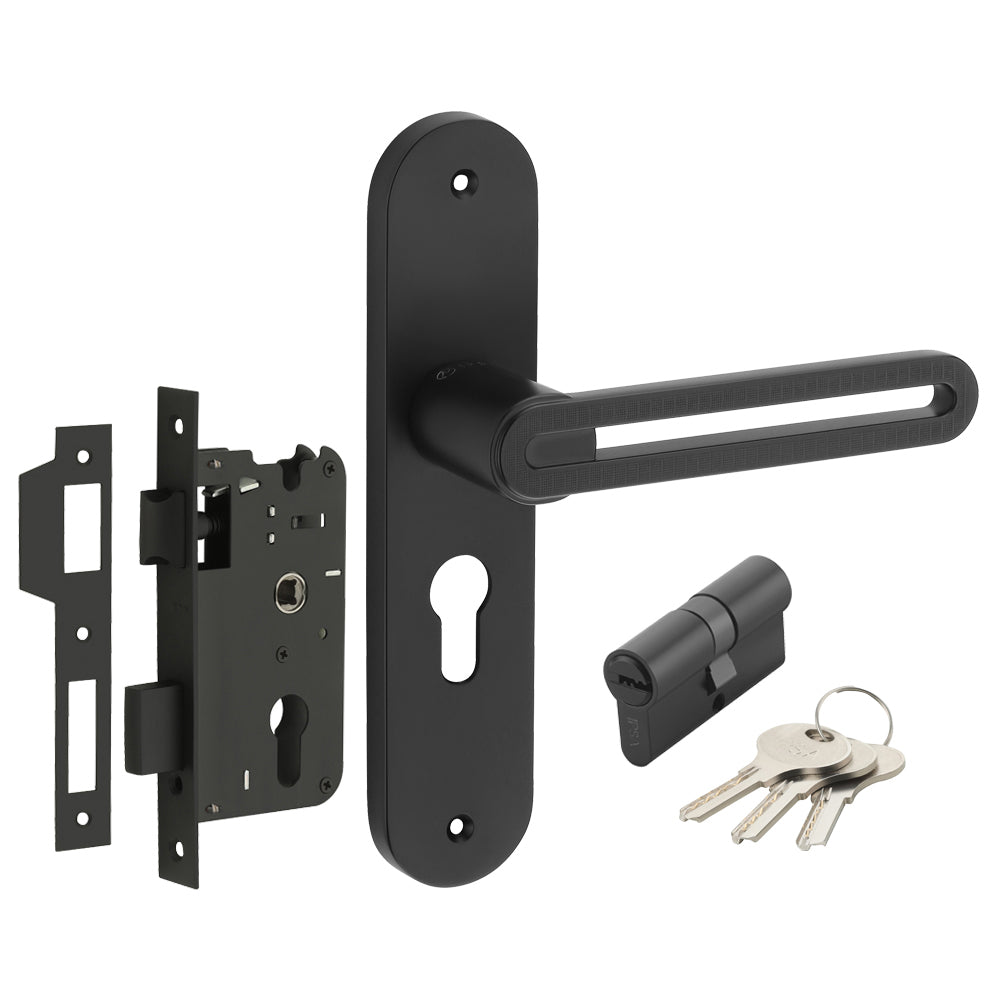 IPSA Curve Moderna Handle Series on 8" Plate CYS Lockset with 60mm Both Side Key - Matte Finish Black