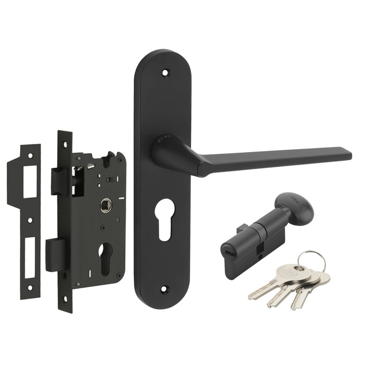 IPSA Pour Moderna Handle Series on 8" Plate CYS Lockset with 60mm One Side Key and Knob - Matte Finish Black