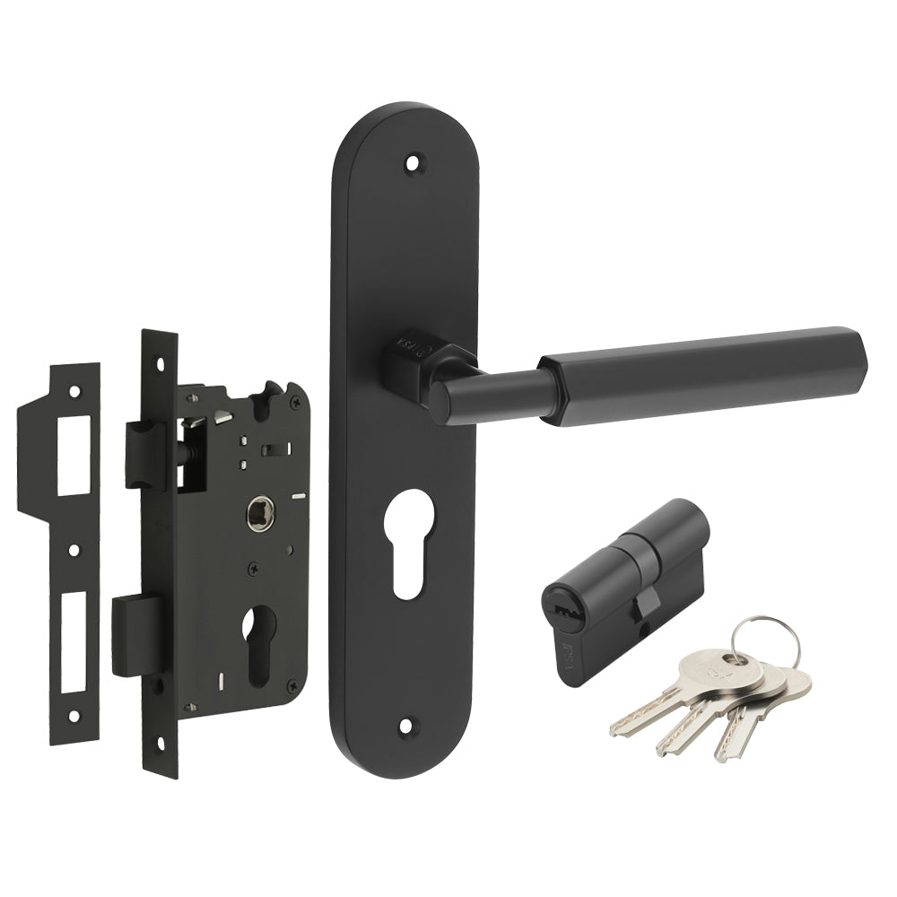 IPSA Bolt Moderna Handle Series on 8" Plate CYS Lockset with 60mm Both Side Key - Matte Finish Black