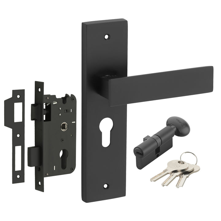 IPSA Sage Moderna Handle Series on 8" Plate CYS Lockset with 60mm One Side Key and Knob - Matte Antique Finish BLACK