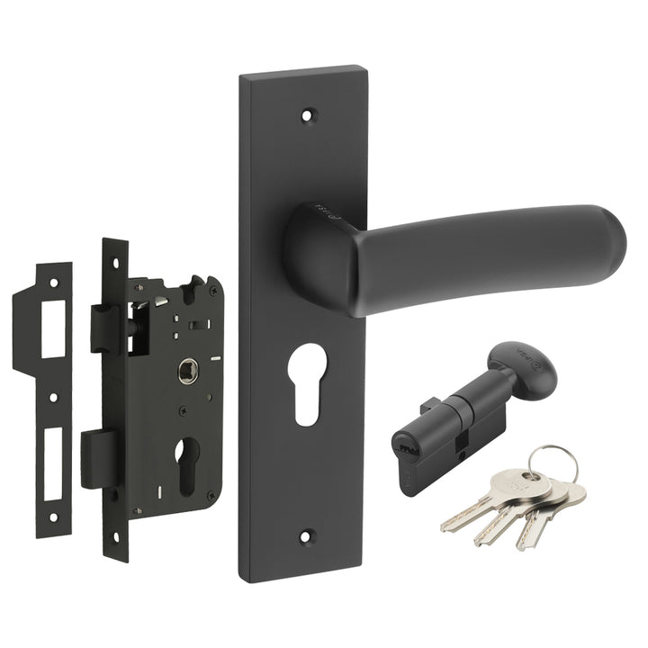 IPSA Tomato Moderna Handle Series on 8" Plate CYS Lockset with 60mm One Side Key and Knob - Matte Antique Finish BLACK