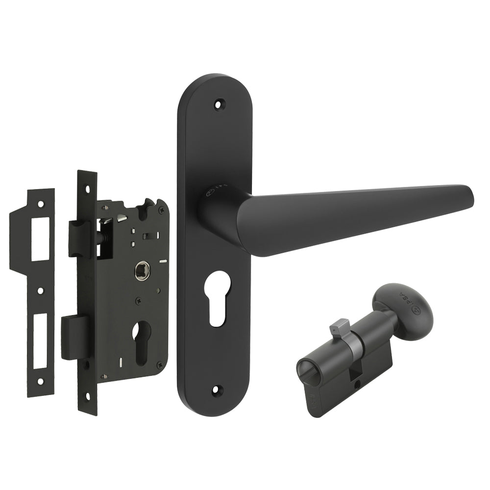 IPSA Bone Moderna Handle Series on 8" Plate CYS Lockset with 60mm Coin and Knob - Matte Finish BLACK