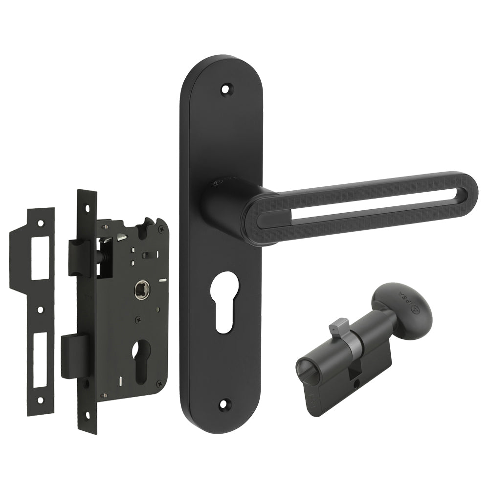IPSA Curve Moderna Handle Series on 8" Plate CYS Lockset with 60mm Coin and Knob - Matte Finish Black