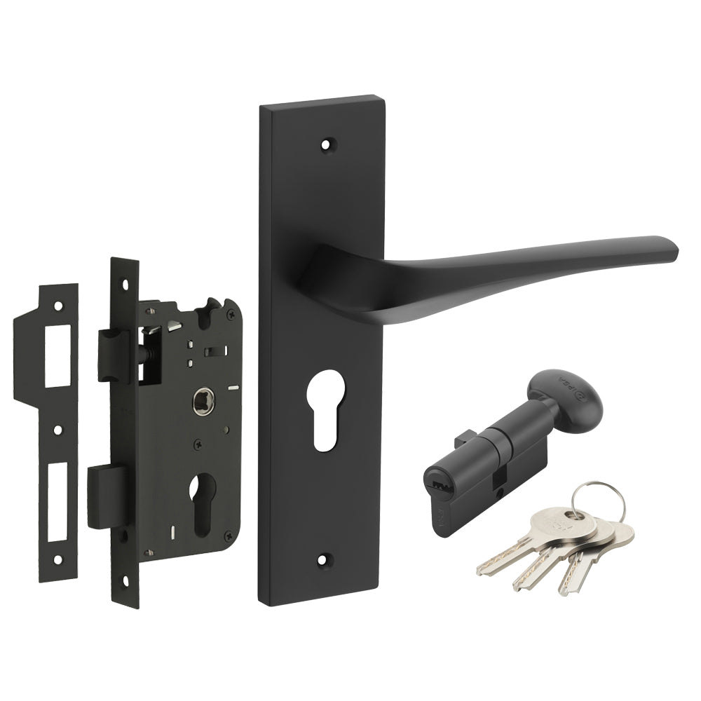 IPSA Sangria Moderna Handle Series on 8" Plate CYS Lockset with 60mm One Side Key and Knob - Matte Antique Finish BLACK
