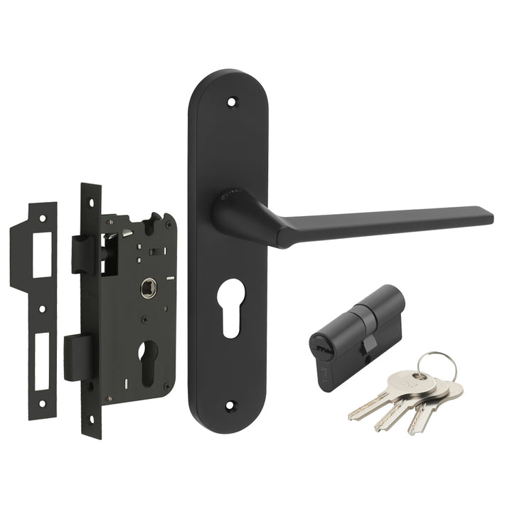 IPSA Pour Moderna Handle Series on 8" Plate CYS Lockset with 60mm Both Side Key - Matte Finish Black
