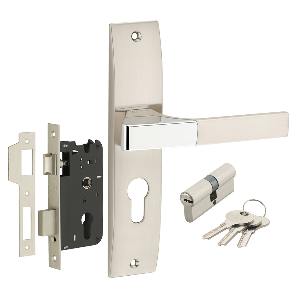 IPSA Ash Iris Handle Series on 8" Plate CYS Lockset with 60mm Both Side Key - Matte Satin Nickel Finish CPS