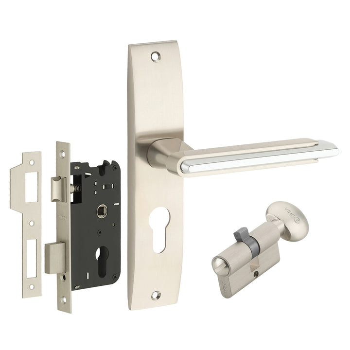 IPSA Lead Iris Handle Series on 8" Plate CYS Lockset with 60mm Coin and Knob - Matte Satin Nickel Finish CPS