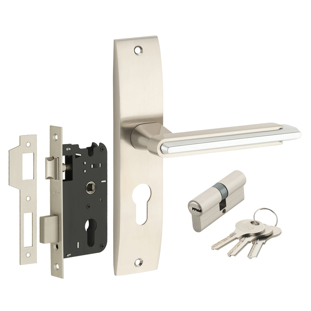 IPSA Lead Iris Handle Series on 8" Plate CYS Lockset with 60mm Both Side Key - Matte Satin Nickel Finish CPS