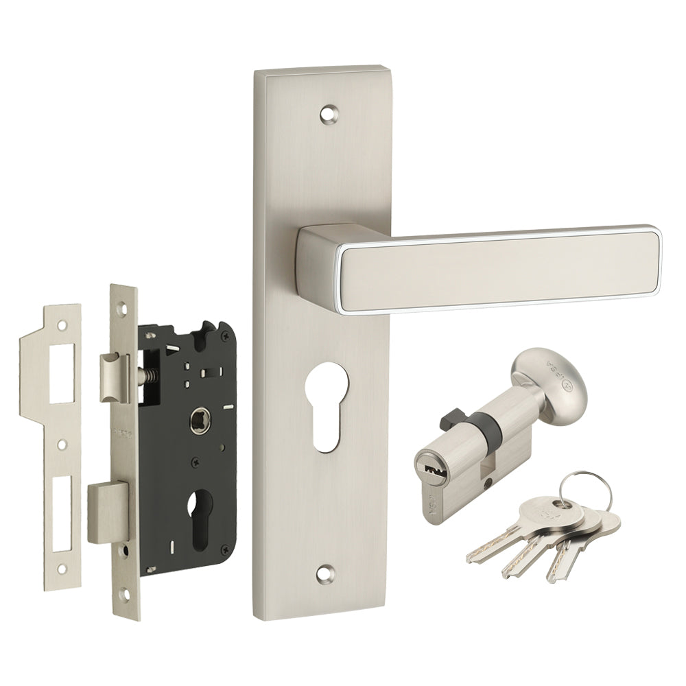 IPSA Clay Iris Handle Series on 8" Plate CYS Lockset with 60mm One Side Key and Knob - Matte Satin Nickel Finish CPS