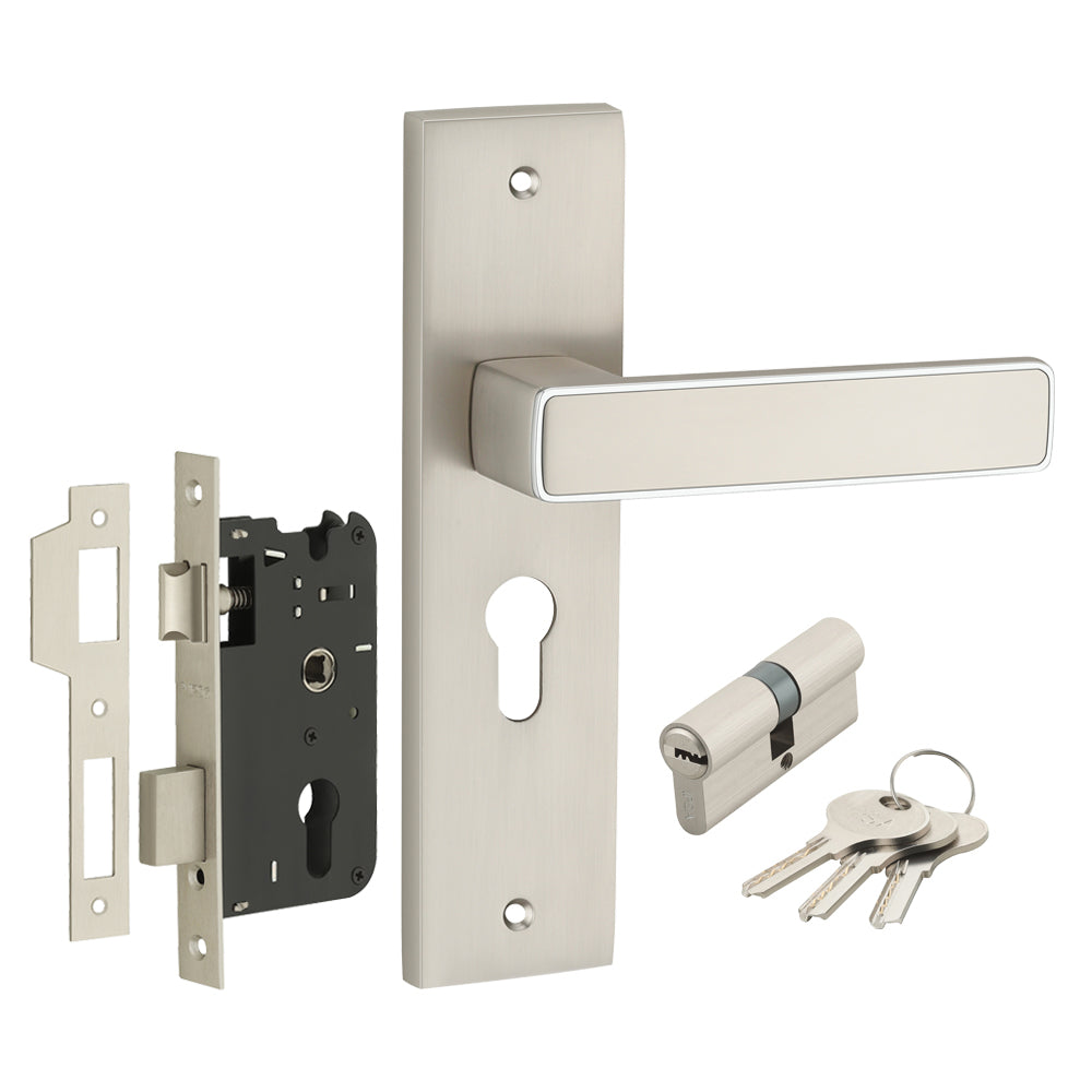 IPSA Clay Iris Handle Series on 8" Plate CYS Lockset with 60mm Both Side Key - Matte Satin Nickel Finish CPS