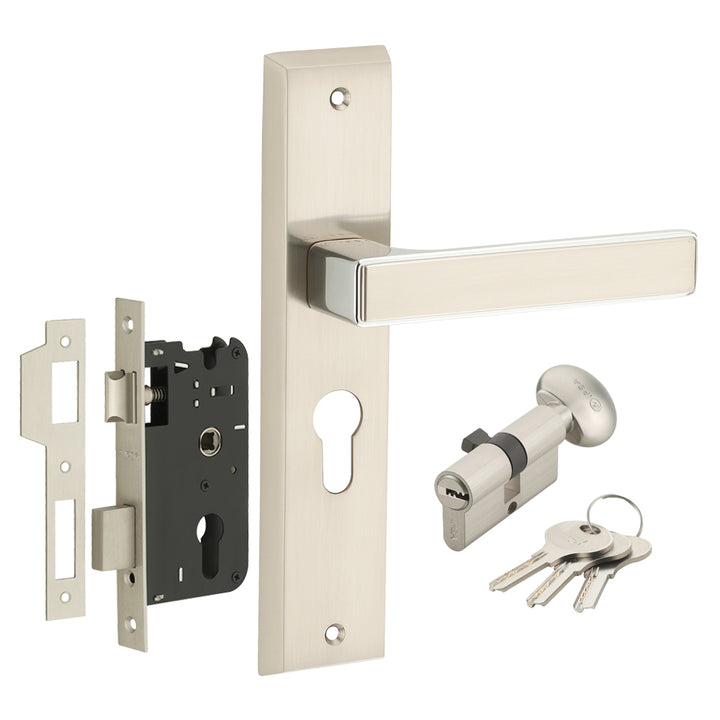 IPSA Teal Iris Handle Series on 8" Plate CYS Lockset with 60mm One Side Key and Knob - Matte Satin Nickel Finish CPS