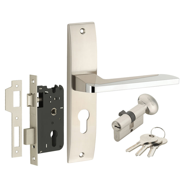 IPSA Lilac Iris Handle Series on 8" Plate CYS Lockset with 60mm One Side Key and Knob - Matte Satin Nickel Finish CPS