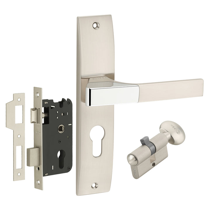 IPSA Ash Iris Handle Series on 8" Plate CYS Lockset with 60mm Coin and Knob - Matte Satin Nickel Finish CPS